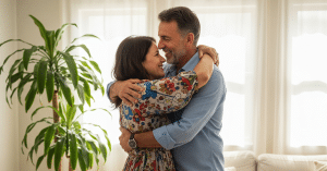 זוג ישראלי מחובק בחום בסלון מואר, משדר אינטימיות וחיבור רגשי חזק