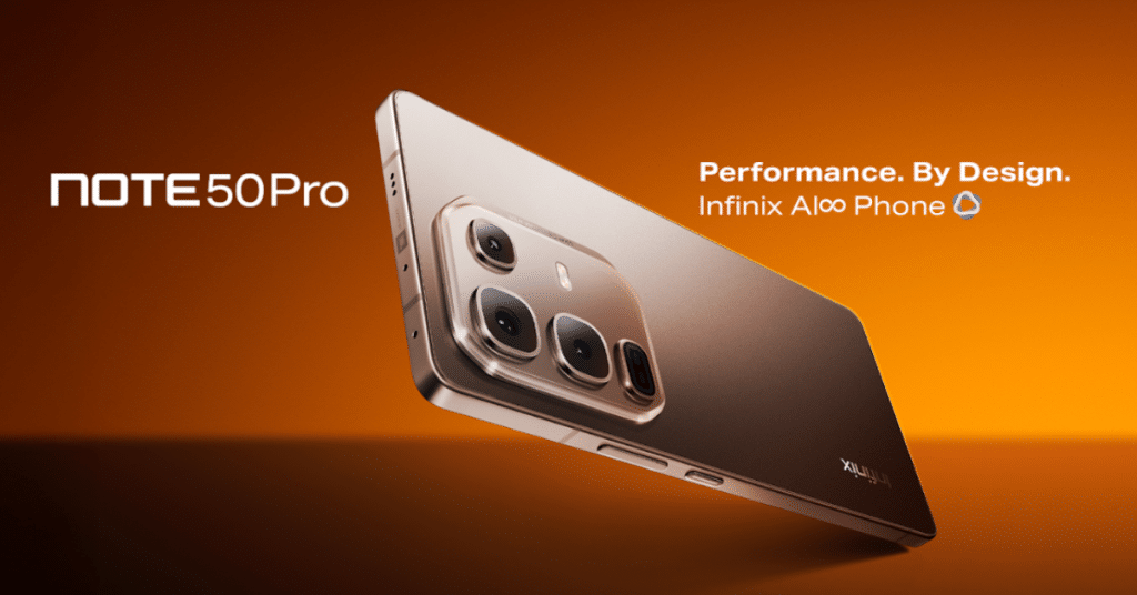 סמארטפון Infinix Note 50 Pro בצבע זהב/ברונזה עם מערך מצלמות בולט וכיתוב "Performance. By Design." על רקע כתום