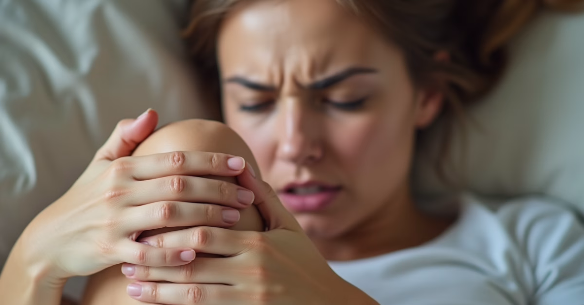 create_a_close-up_image_of_a_woman_lying_in_bed_holding_her_knee_with_both_hands_as_if_shes_in_sign_ev7e373pmirhxpxgav8w_1