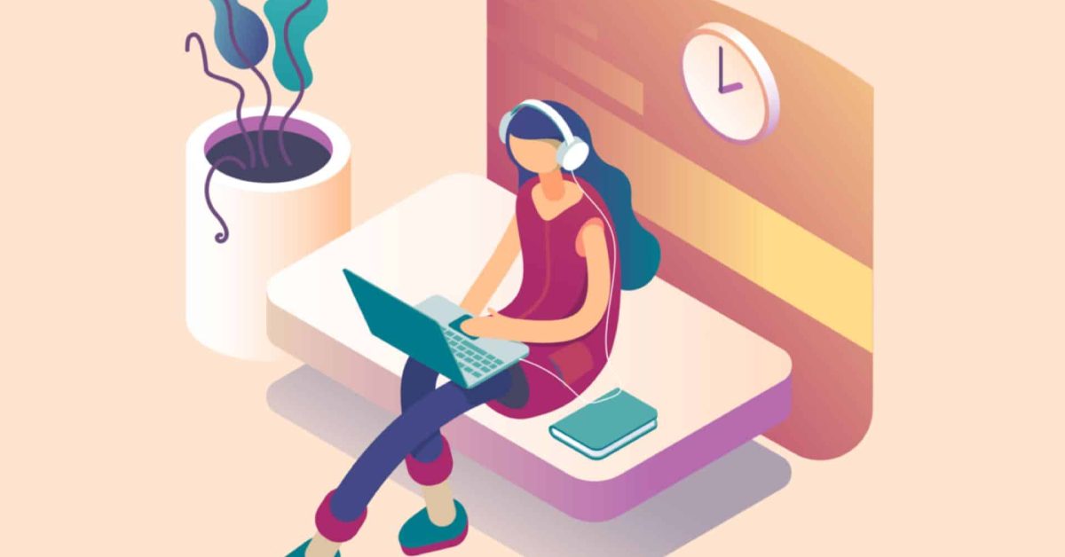 A illustrated woman is working at home
