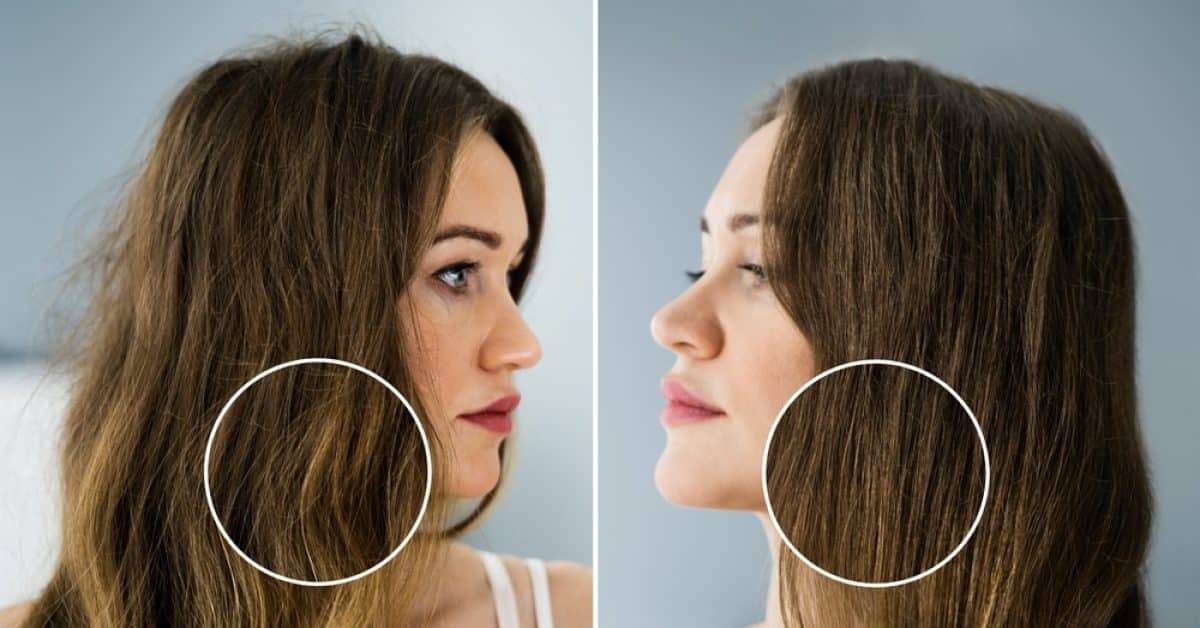 Woman's,Hair,Before,And,After,Hair,Straightening,On,Grey,Background