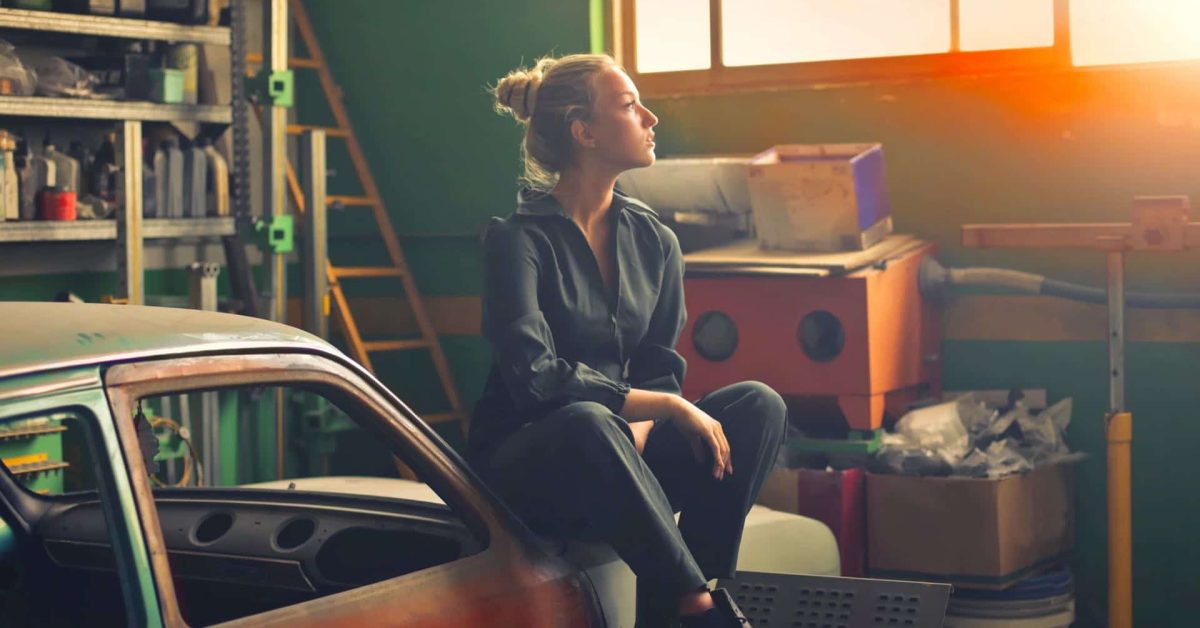 an woman in a garage